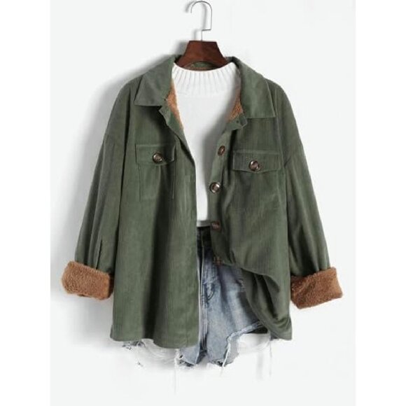 Vintage Corduroy Fleece Lined Jacket Shacket Casual Winter Coat - Picture 7 of 8